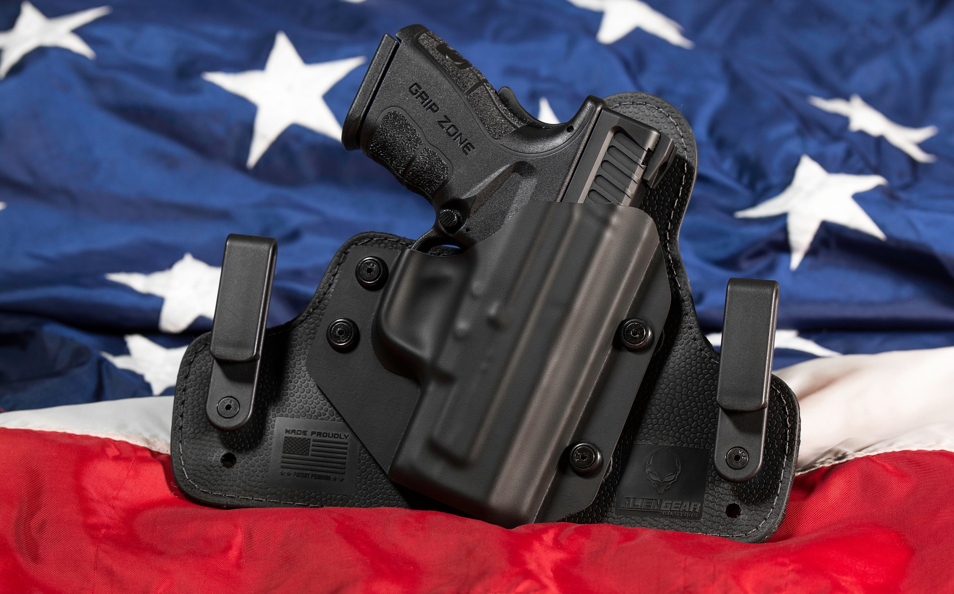 Gun photographed atop an American flag